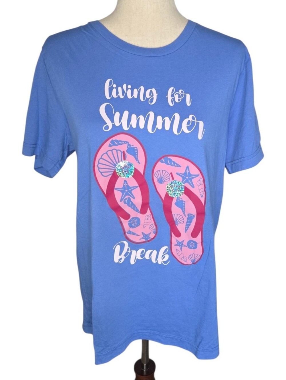 Bella Canvas Summer Break Graphic Tee M Flip Flop Beach Shirt Handmade Blue